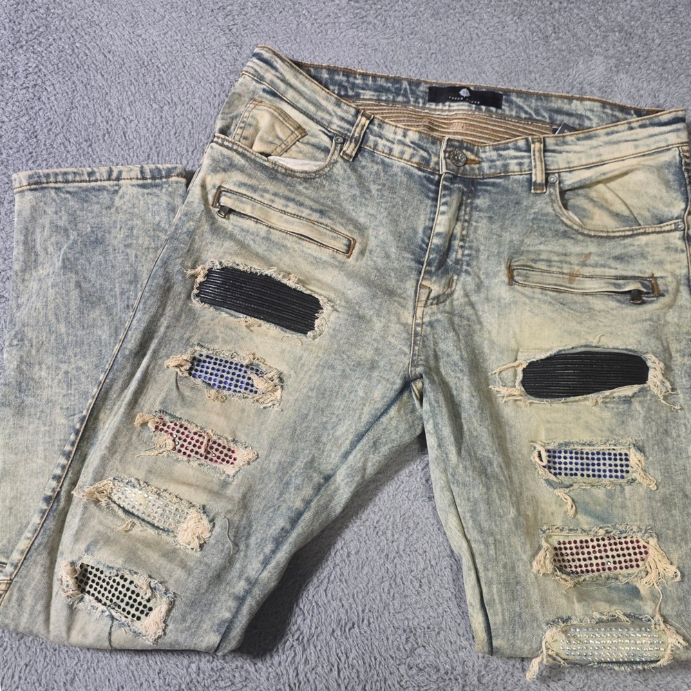 Focus Jeans Mens 36x32 Moto Biker Slim Light Wash Rhinestone Distressed Denim